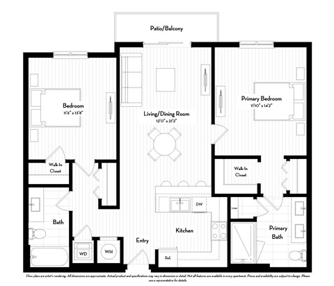 Floor plan for 2 beds, 2 baths, 1072 sqft